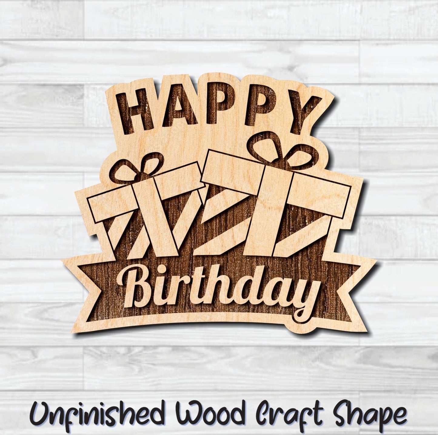 Happy Birthday Gifts Presents Wording Badge Unfinished Wood Shape Blank Laser Engraved Cut Out Woodcraft Craft Supply