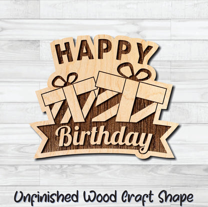 Happy Birthday Gifts Presents Wording Badge Unfinished Wood Shape Blank Laser Engraved Cut Out Woodcraft Craft Supply
