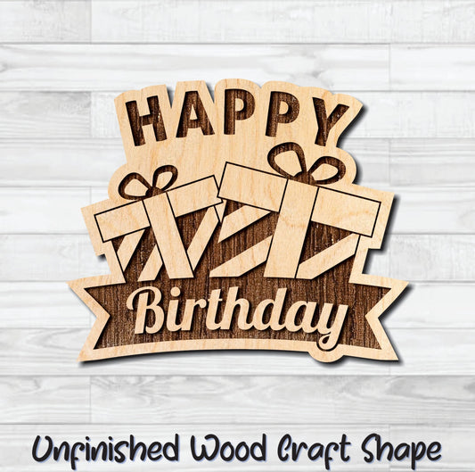 Happy Birthday Gifts Presents Wording Badge Unfinished Wood Shape Blank Laser Engraved Cut Out Woodcraft Craft Supply