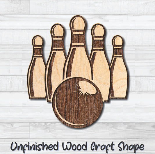 Bowling Pin Rack & Ball Unfinished Wood Shape Blank Laser Engraved Cutout Woodcraft Craft Supply