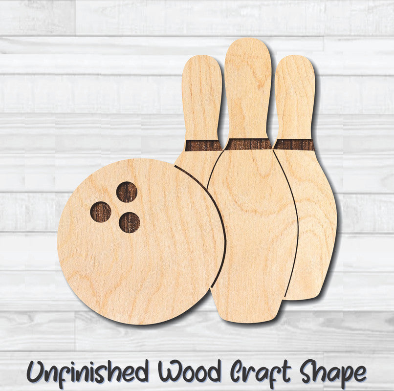 Bowling Pins & Ball Unfinished Wood Shape Blank Laser Engraved Cutout Woodcraft Craft Supply