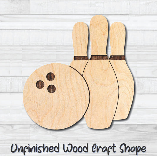 Bowling Pins & Ball Unfinished Wood Shape Blank Laser Engraved Cutout Woodcraft Craft Supply