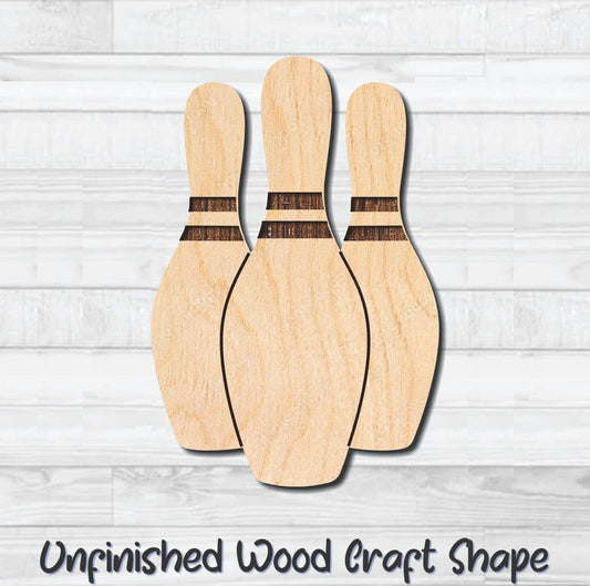 Bowling Pin Trio 2 Unfinished Wood Shape Blank Laser Engraved Cutout Woodcraft Craft Supply