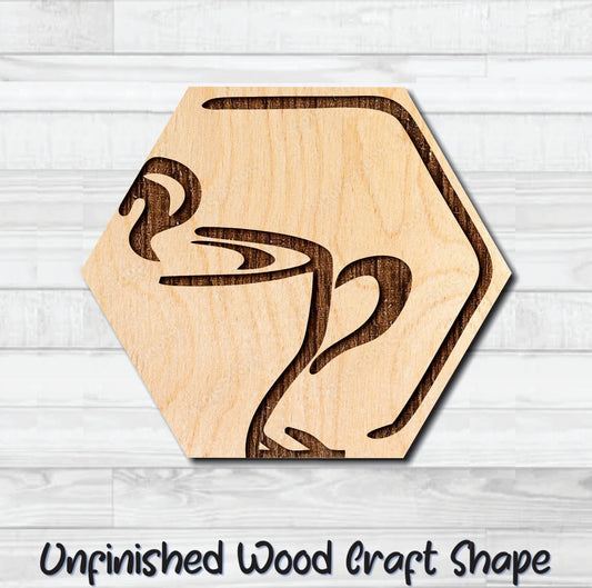 Coffee Tea Badge Hexagon Unfinished Wood Shape Blank Laser Engraved Cut Out Woodcraft Craft Supply