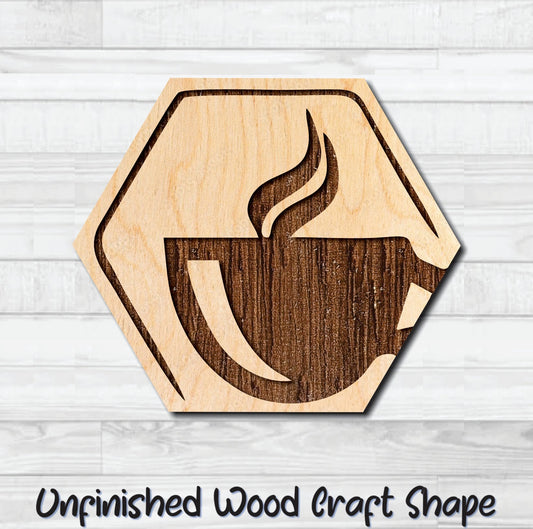Coffee Tea Abstract Badge Hexagon 3 Unfinished Wood Shape Blank Laser Engraved Cut Out Woodcraft Craft Supply
