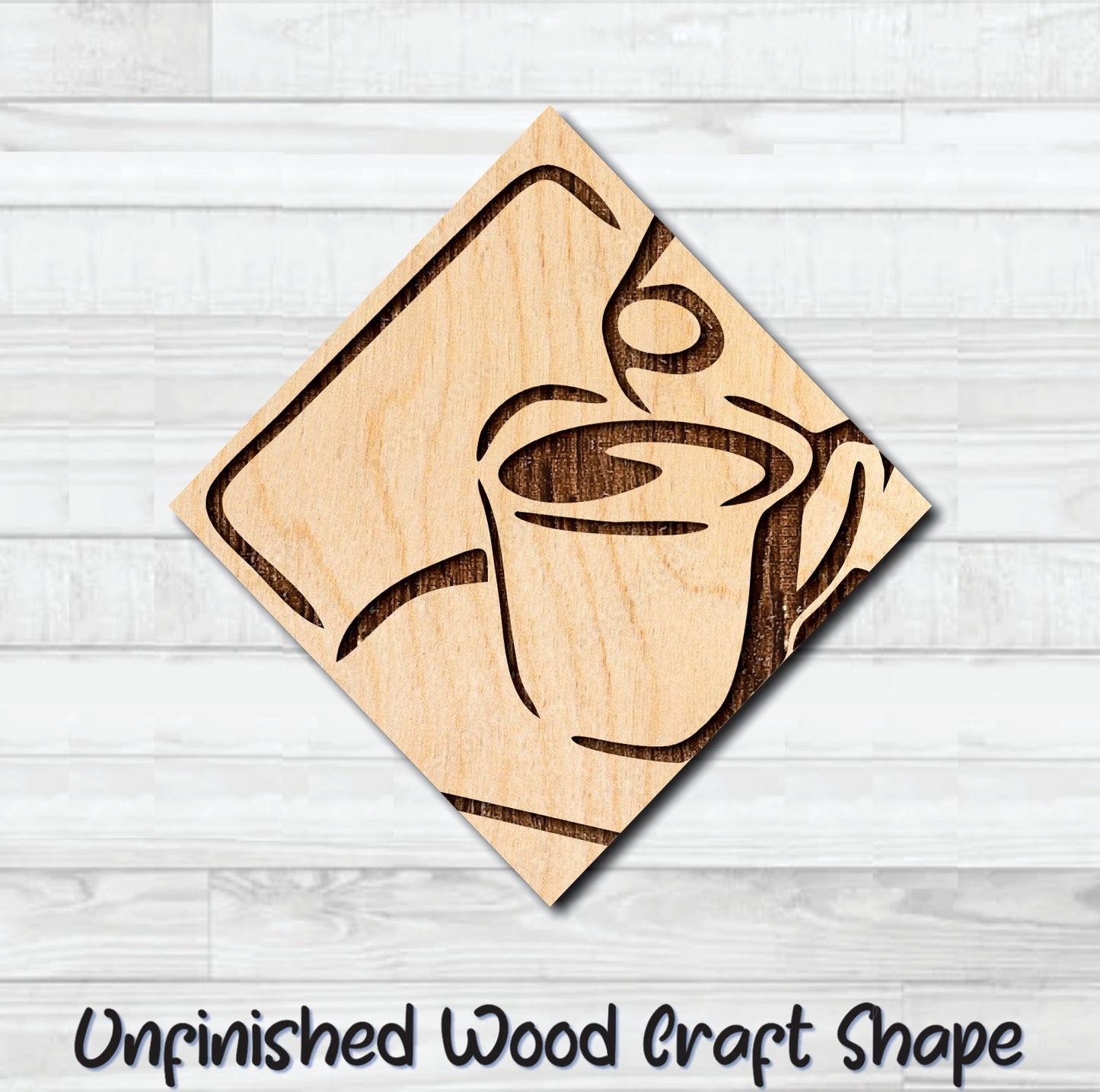 Coffee Tea Abstract Badge Diamond Unfinished Wood Shape Blank Laser Engraved Cut Out Woodcraft Craft Supply