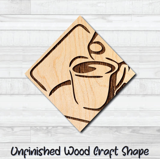 Coffee Tea Abstract Badge Diamond Unfinished Wood Shape Blank Laser Engraved Cut Out Woodcraft Craft Supply