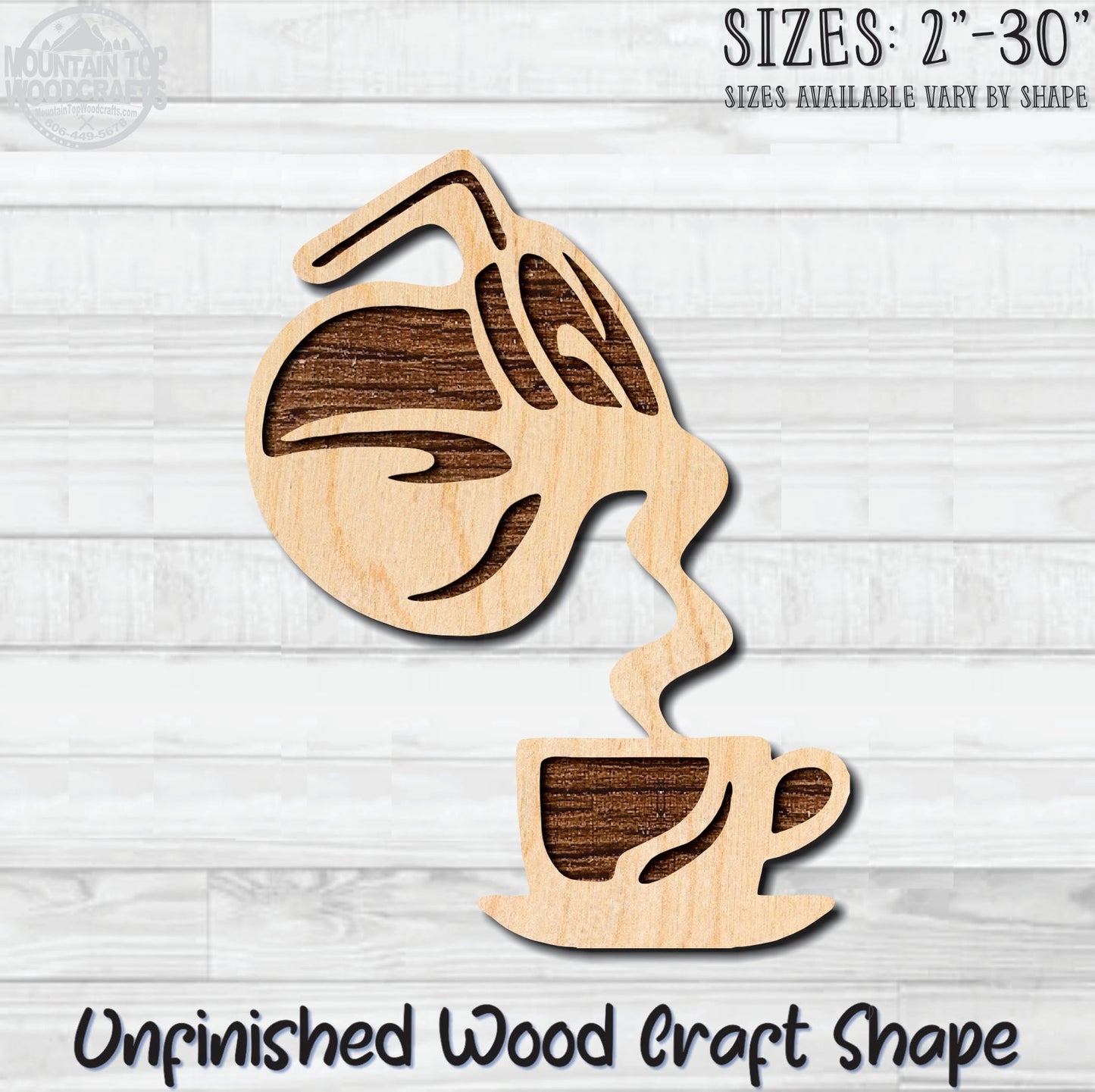 Pouring Coffee Pot & Cup Unfinished Wood Shape Blank Laser Engraved Cut Out Woodcraft Craft Supply