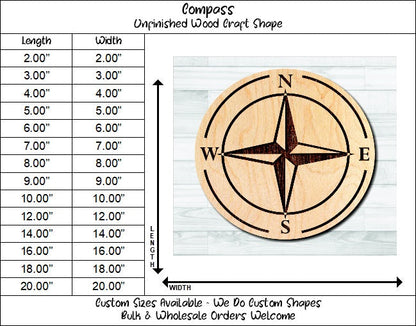 Compass Nautical 2 Unfinished Wood Shape Blank Laser Engraved Cut Out Woodcraft Craft Supply