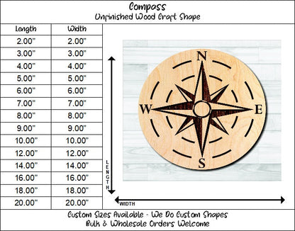 Compass Nautical 3 Unfinished Wood Shape Blank Laser Engraved Cut Out Woodcraft Craft Supply