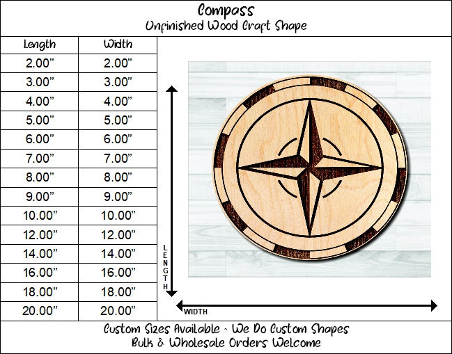 Compass Nautical 8 Unfinished Wood Shape Blank Laser Engraved Cut Out Woodcraft Craft Supply