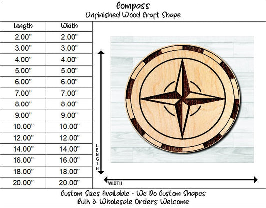 Compass Nautical 8 Unfinished Wood Shape Blank Laser Engraved Cut Out Woodcraft Craft Supply