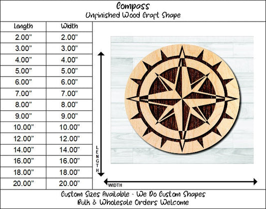 Compass Nautical 10 Unfinished Wood Shape Blank Laser Engraved Cut Out Woodcraft Craft Supply