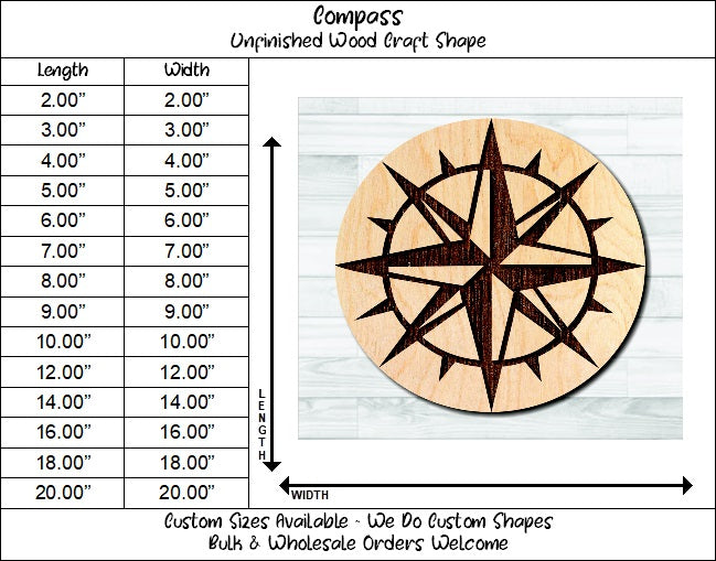 Compass Nautical 11 Unfinished Wood Shape Blank Laser Engraved Cut Out Woodcraft Craft Supply