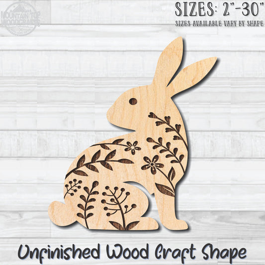 Floral Easter Rabbit Bunny 1 Unfinished Wood Shape Blank Laser Engraved Cutout Woodcraft Craft Supply