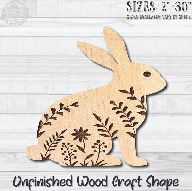 Floral Easter Rabbit Bunny 2 Unfinished Wood Shape Blank Laser Engraved Cutout Woodcraft Craft Supply