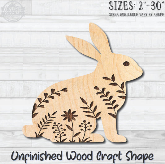 Floral Easter Rabbit Bunny 2 Unfinished Wood Shape Blank Laser Engraved Cutout Woodcraft Craft Supply