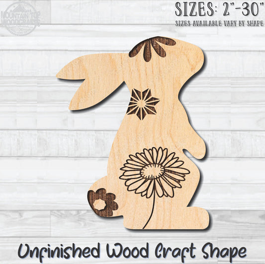 Floral Rabbit 2 Easter Unfinished Wood Shape Blank Laser Engraved Cutout Woodcraft Craft Supply