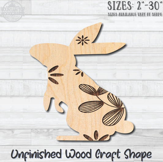 Floral Rabbit 4 Easter Unfinished Wood Shape Blank Laser Engraved Cutout Woodcraft Craft Supply