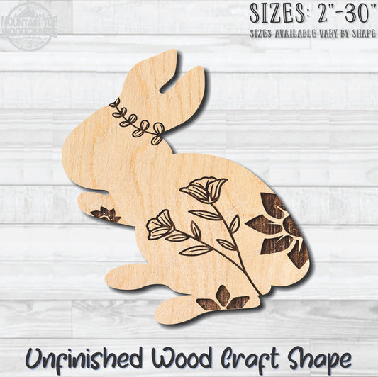 Floral Rabbit 5 Easter Unfinished Wood Shape Blank Laser Engraved Cutout Woodcraft Craft Supply