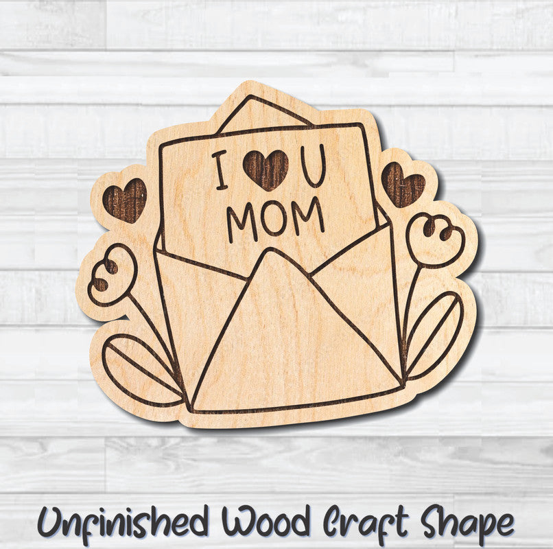 I Love You Mom Card Unfinished Wood Shape Blank Laser Engraved Cutout Woodcraft Craft Supply