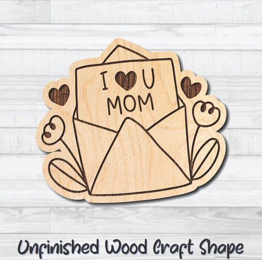 I Love You Mom Card Unfinished Wood Shape Blank Laser Engraved Cutout Woodcraft Craft Supply