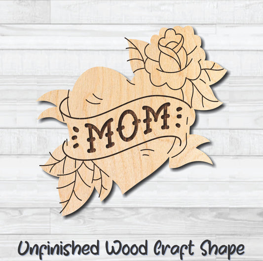 Mom Heart Tattoo Unfinished Wood Shape Blank Laser Engraved Cutout Woodcraft Craft Supply
