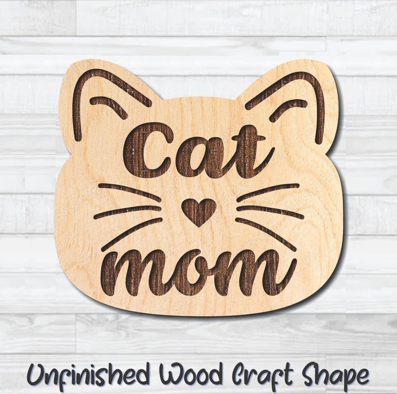 Cat Mom Kitty Face Unfinished Wood Shape Blank Laser Engraved Cutout Woodcraft Craft Supply