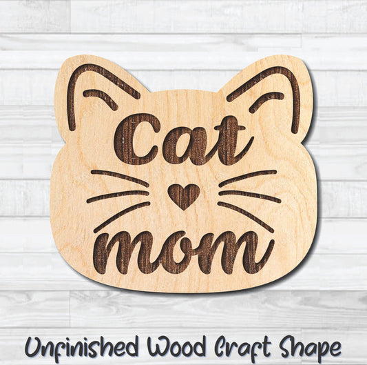 Cat Mom Kitty Face Unfinished Wood Shape Blank Laser Engraved Cutout Woodcraft Craft Supply