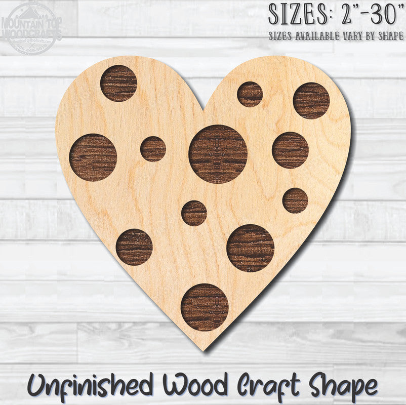 Polka Dot Heart Unfinished Wood Shape Blank Laser Engraved Cutout Woodcraft Craft Supply