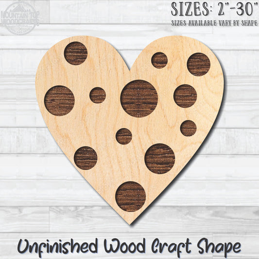 Polka Dot Heart Unfinished Wood Shape Blank Laser Engraved Cutout Woodcraft Craft Supply