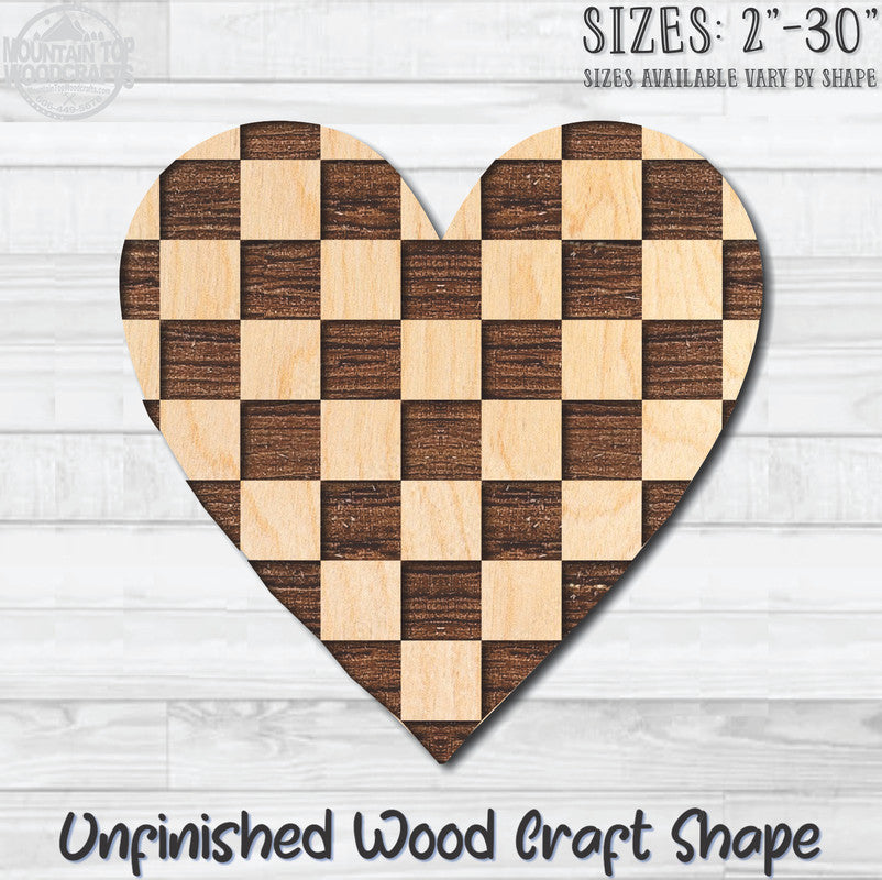 Checkerboard Heart Unfinished Wood Shape Blank Laser Engraved Cutout Woodcraft Craft Supply