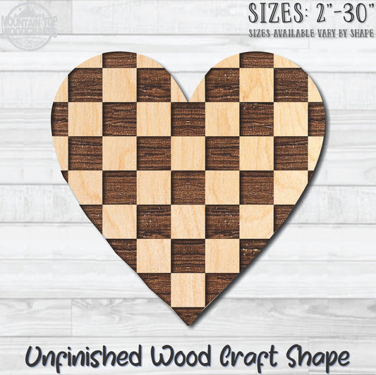 Checkerboard Heart Unfinished Wood Shape Blank Laser Engraved Cutout Woodcraft Craft Supply