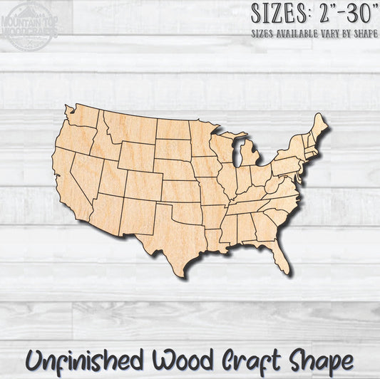 USA Map States Outlined Unfinished Wood Shape Blank Laser Engraved Cutout Woodcraft Craft Supply