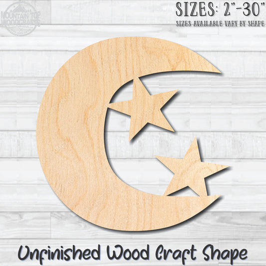 Crescent Moon & Stars Unfinished Wood Shape Blank Laser Engraved Cutout Woodcraft Craft Supply