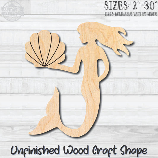Mermaid with Seashell Unfinished Wood Shape Blank Laser Engraved Cutout Woodcraft Craft Supply