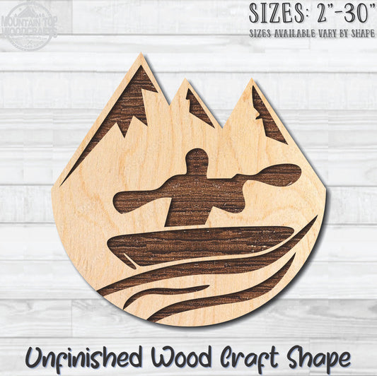 Kayak Mountain Scene Emblem Nautical Unfinished Wood Shape Blank Laser Engraved Cutout Woodcraft Craft Supply
