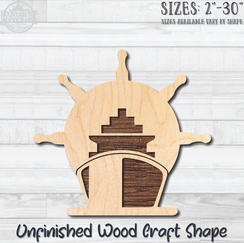 Battleship Ship Wheel Scene Nautical Unfinished Wood Shape Blank Laser Engraved Cutout Woodcraft Craft Supply