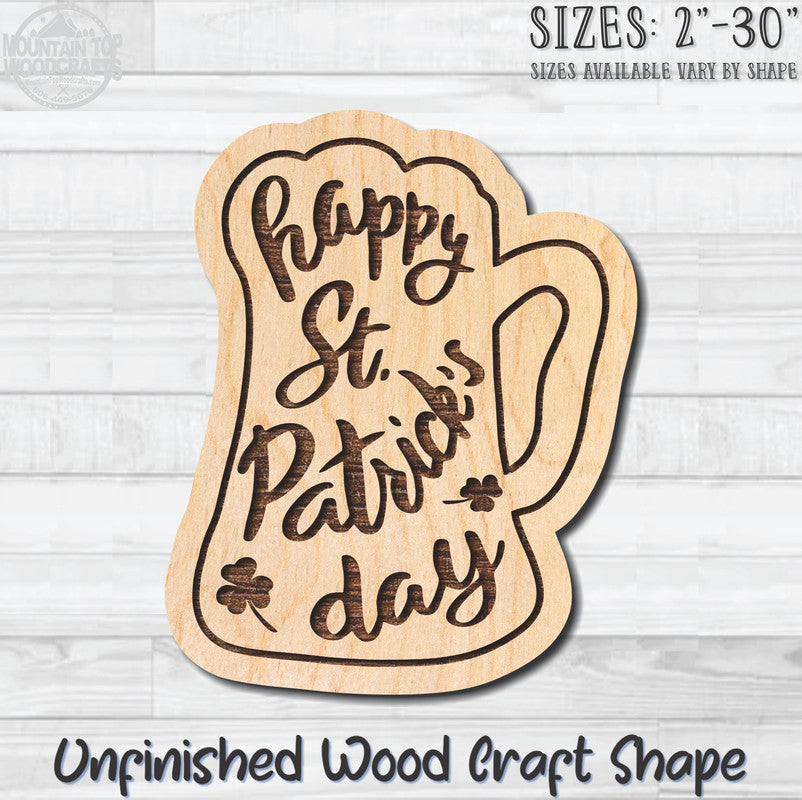 Happy St. Patrick's Day Beer Stein Unfinished Wood Shape Blank Laser Engraved Cutout Woodcraft Craft Supply