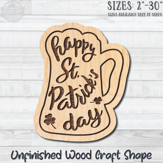 Happy St. Patrick's Day Beer Stein Unfinished Wood Shape Blank Laser Engraved Cutout Woodcraft Craft Supply