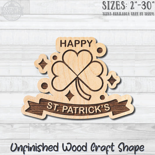 Happy St. Patrick's Day Clover Unfinished Wood Shape Blank Laser Engraved Cutout Woodcraft Craft Supply