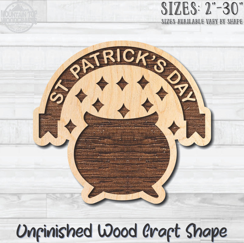 Happy St. Patrick's Day Pot Of Gold Unfinished Wood Shape Blank Laser Engraved Cutout Woodcraft Craft Supply