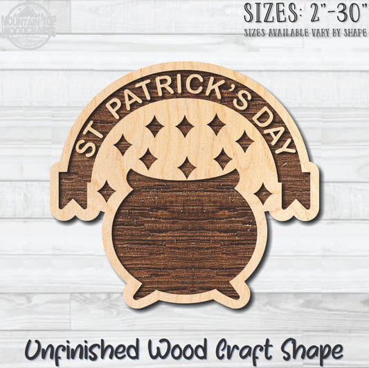 Happy St. Patrick's Day Pot Of Gold Unfinished Wood Shape Blank Laser Engraved Cutout Woodcraft Craft Supply