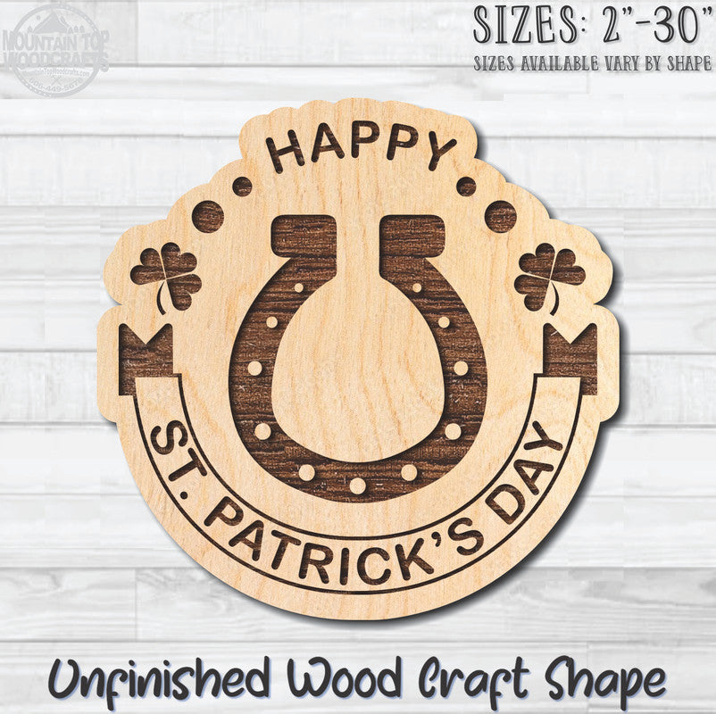 Happy St. Patrick's Day Horseshoe Unfinished Wood Shape Blank Laser Engraved Cutout Woodcraft Craft Supply