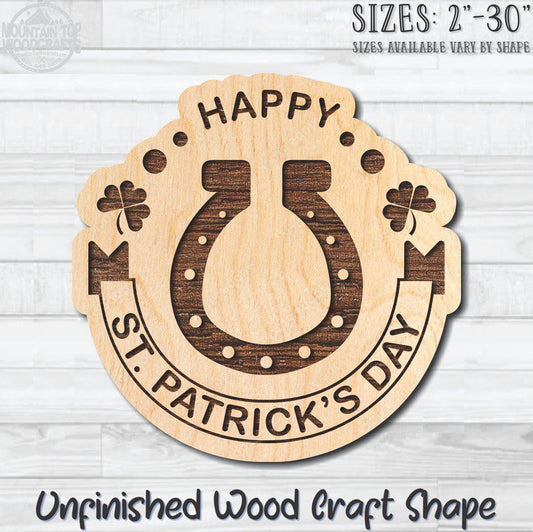 Happy St. Patrick's Day Horseshoe Unfinished Wood Shape Blank Laser Engraved Cutout Woodcraft Craft Supply