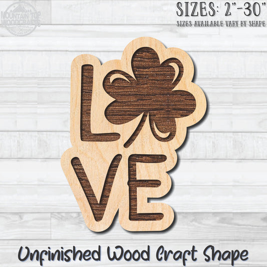 LOVE Clover St. Patrick's Day Unfinished Wood Shape Blank Laser Engraved Cutout Woodcraft Craft Supply