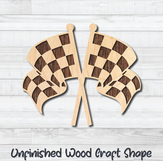 Checkered Flags Unfinished Wood Shape Blank Laser Engraved Cutout Woodcraft Craft Supply