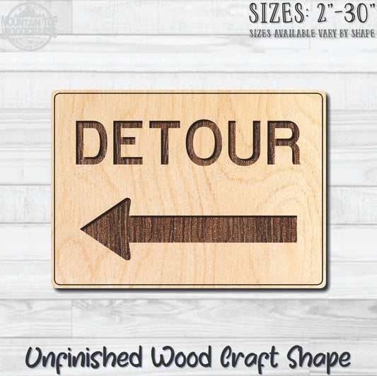 Detour Left Arrow Traffic Street Road Sign Unfinished Wood Shape Blank Laser Engraved Cutout Woodcraft Craft Supply