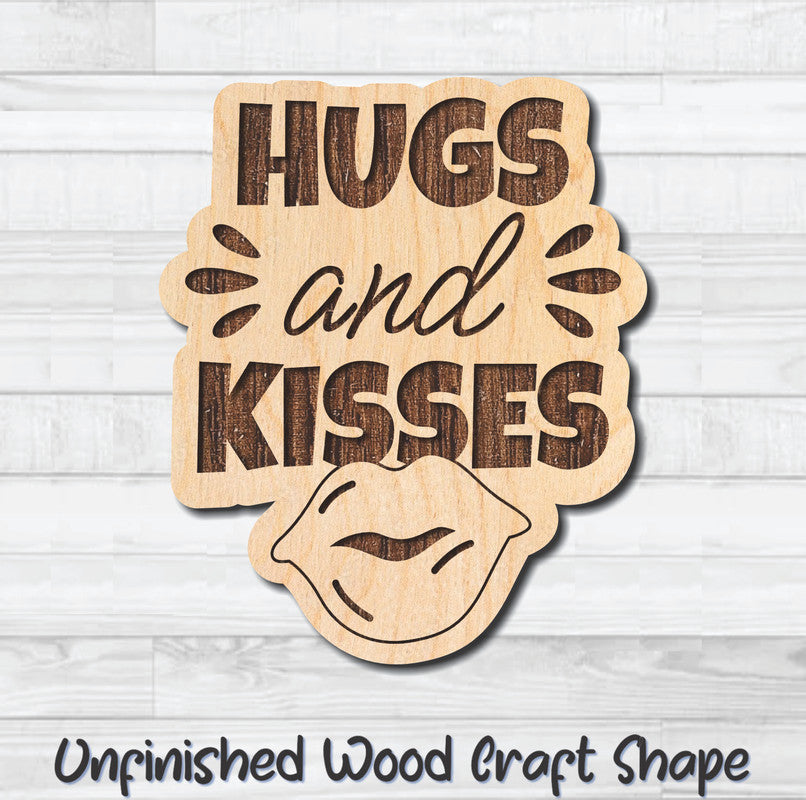 Hugs & Kisses Valentine Wording Unfinished Wood Shape Blank Laser Engraved Cutout Woodcraft Craft Supply