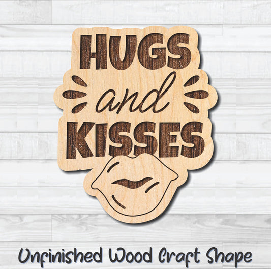 Hugs & Kisses Valentine Wording Unfinished Wood Shape Blank Laser Engraved Cutout Woodcraft Craft Supply